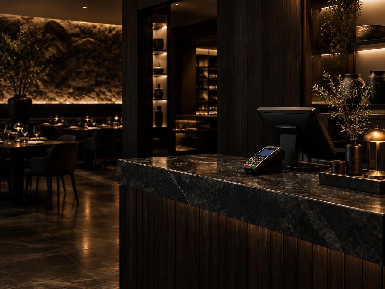 A payment terminal on a dark stone restaurant counter