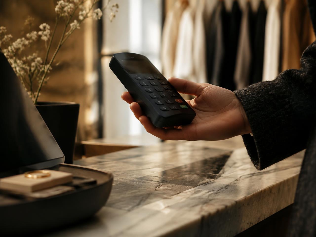 A hand holding a handheld card reader at a boutique counter